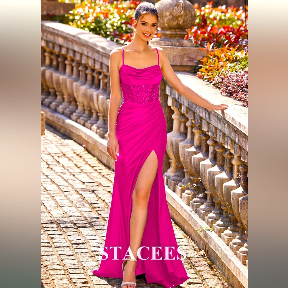 NWT Mermaid Cowl Neck Sweep Train Jersey Prom Dress with Pleated Sequins Split